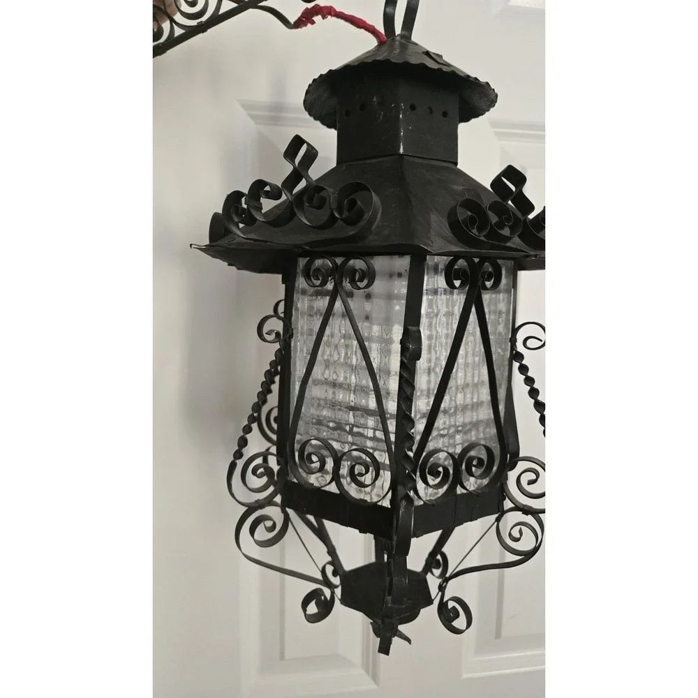 Antique Lantern  Iron Pendant Chandelier Scrolled Glass Gothic Spanish Revival